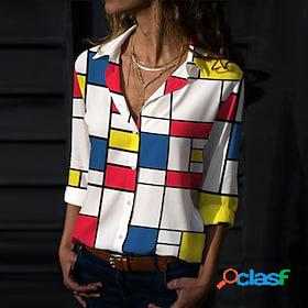 Womens Shirt Blouse Red Button Print Color Block Casual Long