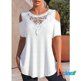 Womens Shirt Blouse White Beige Lace Cut Out Plain Casual