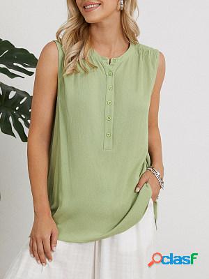 Womens Solid Color Round Neck Sleeveless Shirt