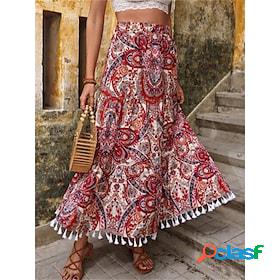 Womens Swing Long Skirt Polyester Maxi Red Skirts Tassel