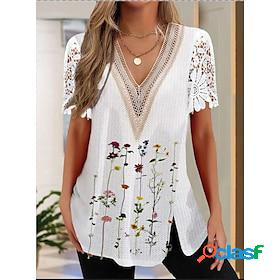 Womens T shirt Tee Black White Red Lace Print Floral Holiday