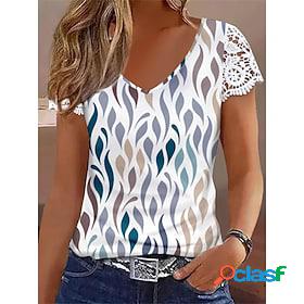 Womens T shirt Tee White Blue Green Lace Print Graphic Daily