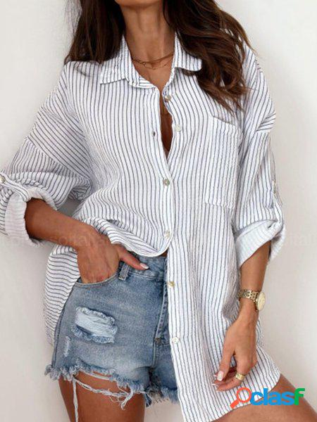 a Righe Colletto a Camicia Casuale Sciolto Camicetta