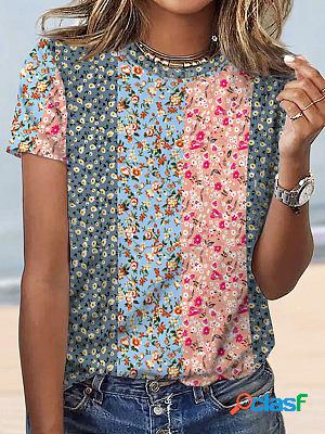 Animal Floral Print Round Neck Short Sleeve T-shirt