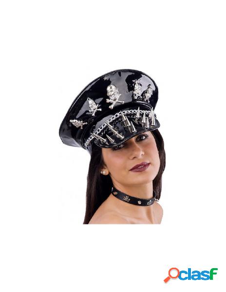 Cappello punk rock in vinile con teschi e punte in metallo