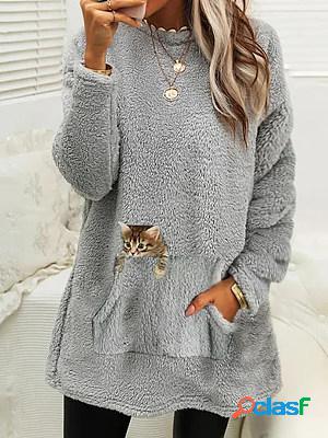 Casual Cat Print Crew Neck Long Sleeve Plush Thermal