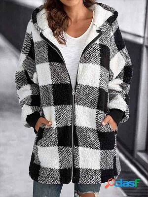 Casual Check Plush Thermal Hooded Coat