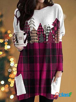 Casual Christmas Plaid Panel Pocket Long Sleeve T-Shirt