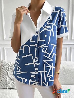 Casual Commuting Short-sleeved Letter Print Color Block