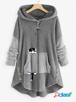 Casual Oversized Cat Print Zip Hooded Coat