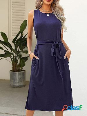 Casual Sleeveless Vest Waistband Midi Dress