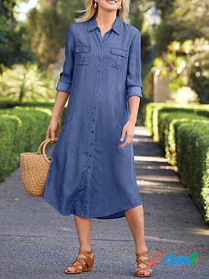 Casual Solid Color Denim Pocket Dress