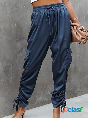 Casual Solid Tie Elastic Waist Pocket Trousers