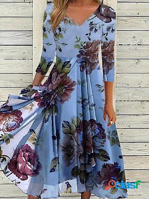 Casual Vintage Print V-Neck Long Sleeve Party Midi Dress