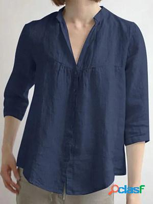 Cotton Linen V-neck 3/4 Sleeves Solid Color Blouses