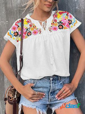 Embroidered Tassel Tie Collar Batwing Short sleeve T-shirts