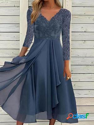 Fashion Lace Panel V-Neck Long Sleeve Party Midi Dress