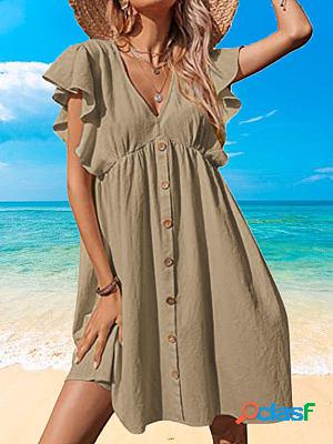 Fashion Single-breasted Pleated V-neck Solid Color Casual