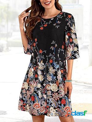 Floral Casual Loose Round Neck Shift Dresses