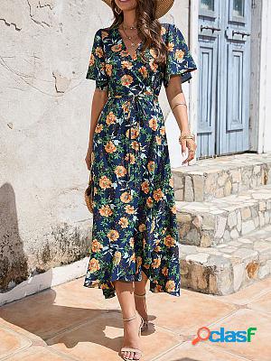 Floral Print V-neck Ruffled Short-sleeved Slit Irregular Tie