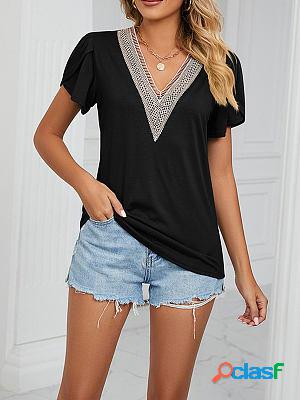 Gold Lace V-neck Solid Color Short-sleeved T-shirt