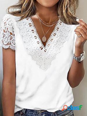 Lace Panel Casual V-Neck Loose Short Sleeves White T-Shirt