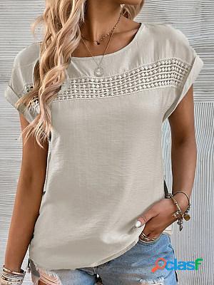 Lace Paneled Round Neck Casual Short Sleeves Blouse