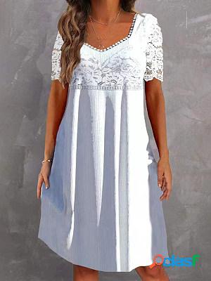 Lace Paneled Short Sleeves Square Neck Short Dress