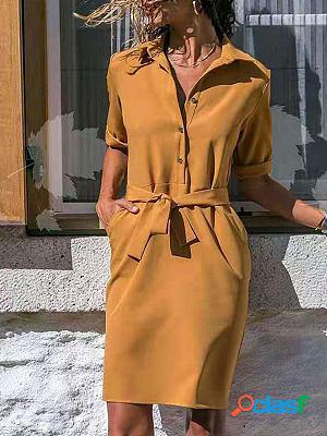 Lapel Collar Solid Color 3/4 Sleeve Shirt Slim Shift Dresses