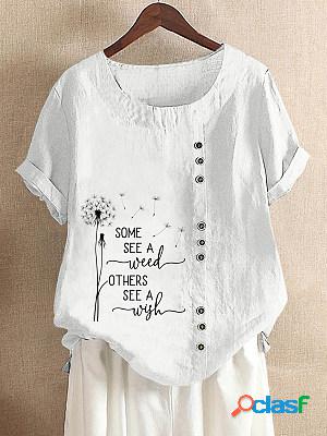 Letters Printed Round Neck Short Sleeves Linen Blend Blouse