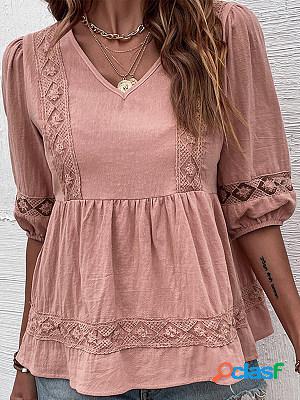 Linen Blend Lace Paneled V Neck Half Sleeves Blouse