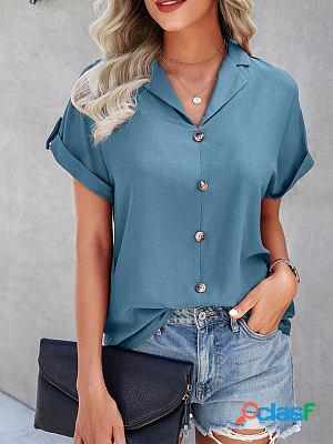 Loose Casual Suit Collar Button-down Short-sleeved Blue