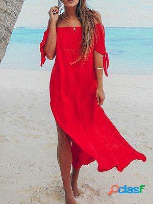 Loose Solid Color Slit Tie Holiday Short Sleeve Maxi Dress