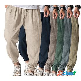 Mens Joggers Linen Pants Trousers Solid Colored Drawstring