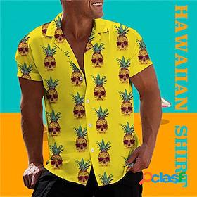 Mens Shirt Summer Hawaiian Shirt Turndown Skull Pineapple