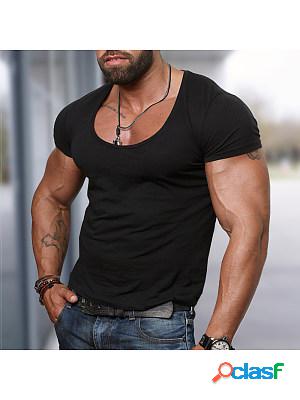 Mens Slim Low Neck Casual Sports Short Sleeve T-Shirt