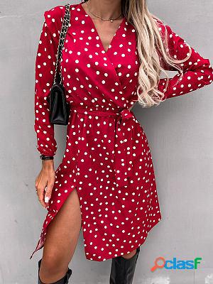 Polka Dot Print Long-sleeve V-neck Belt Slit Shift Dresses