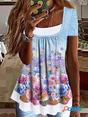 Printed Buttons Short Sleeve Casual Floral T-shirt