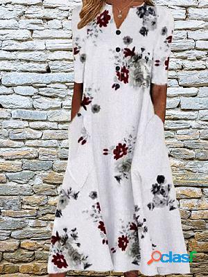 Printed Pocket V-neck Loose Casual Long Shift Dresses