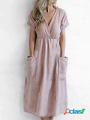 Pure Color Cotton Pocket Waist Midi Dress