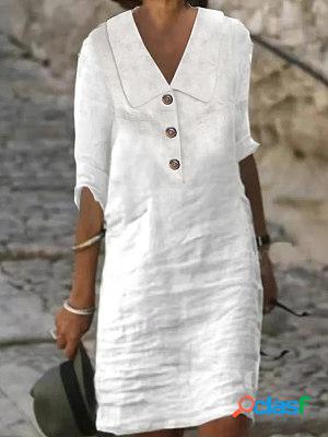 Pure Color Lapel Half Sleeve Cotton Linen Casual Mid Dress