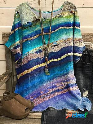 Round Neck Casual Loose Bronzing Line Print Short-sleeved