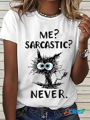 Round Neck Casual Loose Cat Letter Print Short Sleeve