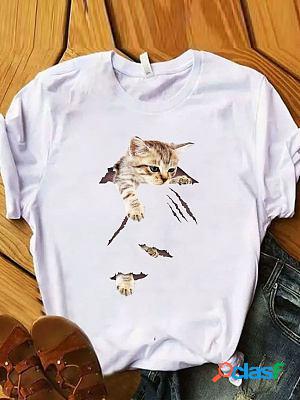 Round Neck Casual Loose Cat Print Short Sleeve T-Shirt