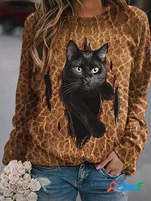 Round Neck Casual Loose Cat Print Sweatshirt