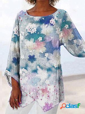 Round Neck Casual Loose Floral Print Long Sleeve Blouse