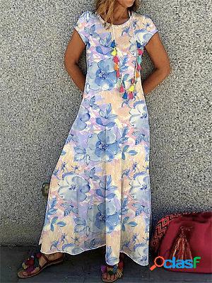 Round Neck Casual Loose Floral Print Short Sleeve Maxi Dress