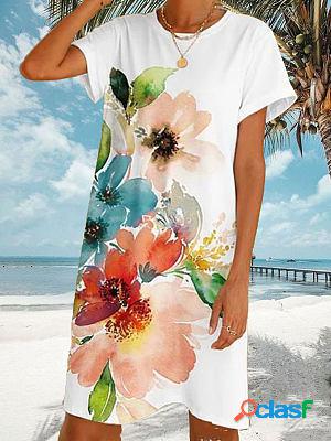 Round Neck Casual Loose Floral Print Short Sleeve Short