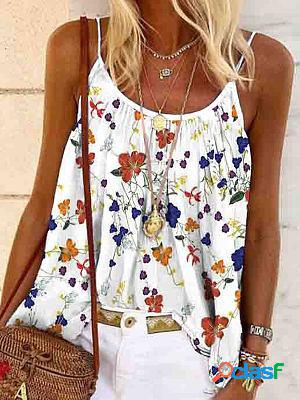 Round Neck Casual Loose Floral Print Tank T-Shirt