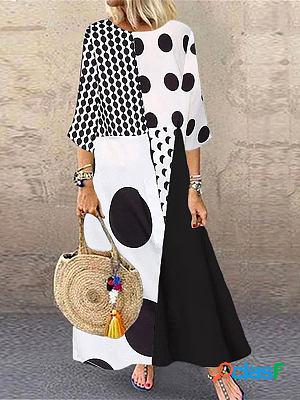 Round Neck Casual Loose Polka Dot Print Long Sleeve Maxi